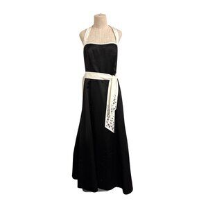 Vintage Davids Bridal Black White Halter Gown Size 14 With Embroidered Sash Eleg